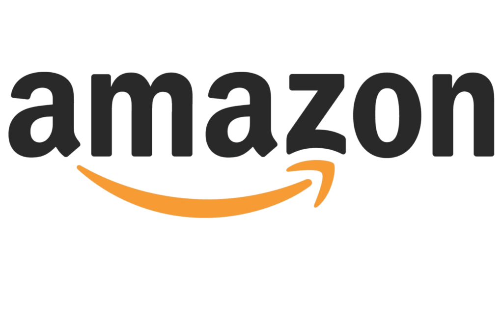 Amazon wordmark in black with an orange curved arrow/smile underneath the text, as the brand logo